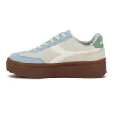 Championes Diadora modelo Bamplat para mujer, con plataforma gruesa color marrón. El cuerpo del zapato es de múltiples paneles en tonos beige claro, celeste pastel, blanco y detalles en verde menta en el talón. Presenta el logo Diadora en blanco en el lateral y cordones blancos.