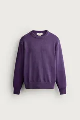 Sweater de punto de algodón morado, con cuello redondo, manga larga y acabados en rib.