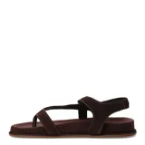 Sandalias de cuero marrón, tipo thong con tira separadora de dedos y cierre con tira ajustable en el talón.