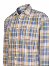 Camisa de manga larga RKF confeccionada en mezcla de algodón y Tencel, con diseño de tartán y efecto desgastado. Presenta cuello clásico, cierre frontal con botones, bolsillo en el pecho y detalles en tela tipo Oxford en el interior.