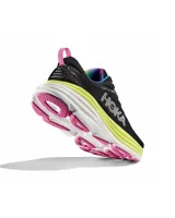 Championes de running Hoka Bondi 8 para mujer, color negro con detalles en amarillo, rosa y celeste. Capellada de malla técnica, entresuela de espuma ligera y suela de goma Durabrasion.