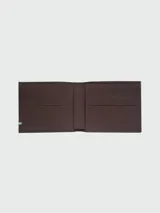 Billetera plegable de cuero negro con logo de la marca grabado y detalle de costura tricolor en el lateral.