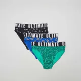 Pack de tres slips para hombre con cintura elástica ancha con la inscripción 'ULTIMATE'. Incluye un modelo negro con estampado de bloques, uno azul con temática de videojuegos y uno verde con estampado geométrico.