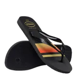 Sandalias de dedo Havaianas modelo Top Basic, con base gris y franjas decorativas en verde lima y azul marino. Las tiras son de color azul marino con textura granulada.