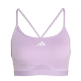 Top deportivo Adidas de entrenamiento, color lila, con diseño de tirantes cruzados en la espalda y detalle de malla en la parte inferior frontal. Cuenta con el logo de la marca estampado en el centro y banda elástica en la base para mayor soporte.
