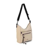 Cartera bandolera gris de formato amplio, con correa larga regulable y desmontable con inscripciones. Cuenta con cierre superior, bolsillo frontal con cierre y detalle colgante de cordones, y un bolsillo trasero con cierre.