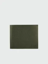 Billetera de cuero color verde oliva, marca Longchamp, modelo Le Foulonné. Diseño plegable con múltiples compartimentos para tarjetas y billetes.