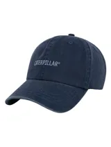 Gorro tipo baseball de seis paneles en color azul marino con efecto lavado. Presenta el logo de la marca Caterpillar bordado en el frente y cuenta con visera curva y tira trasera ajustable con deslizador metálico.