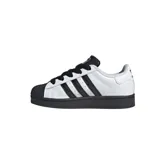 Championes Adidas Superstar II, diseño clásico con exterior de cuero blanco, tres tiras laterales negras, puntera de goma reforzada y suela de goma negra.