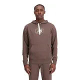 Buzo marrón con capucha y cordones blancos, logo de New Balance estampado en el pecho, bolsillo tipo canguro y ribetes en marrón oscuro.