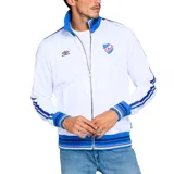 Campera deportiva blanca con cierre frontal, cuello alto y puños y cintura acanalados con detalles en azul y rojo. Presenta el logo de Umbro bordado en el pecho izquierdo y el escudo del Club Nacional de Football en el pecho derecho. Tiene dos rayas azules con bordes rojos que recorren las mangas desde el hombro hasta el puño.
