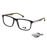 Anteojos de receta MDQ modelo Z08, con marco rectangular en color negro mate y patillas en tono verde oliva con detalle texturizado.