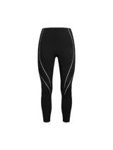 Calza deportiva de tiro alto en color negro, confeccionada en tejido elástico con costuras termoselladas y detalles de cinta reflectante a lo largo de las piernas.