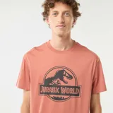 Pijama corto de hombre, compuesto por una remera color ladrillo con el logo de Jurassic World estampado en el frente y un short gris oscuro.
