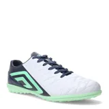 Championes de fútbol Umbro modelo Nexus TF, color blanco con detalles en azul marino y verde menta. Presentan un diseño acolchado en la parte superior y suela multitaco diseñada para césped sintético.