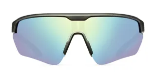 Lentes de sol deportivos con montura negra y lentes espejadas con reflejos azules, verdes y amarillos.