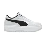 Championes Puma modelo Rebound Femme Low, de diseño urbano con plataforma. Presenta una base blanca con el icónico formstrip de Puma en color negro en los laterales, cuello acolchado negro y suela de goma con relieve.