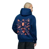 Buzo con capucha y bolsillo frontal tipo canguro, color azul marino con logo de la marca estampado en color naranja en el pecho.