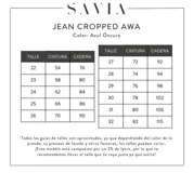 Jean de corte cropped y tiro alto, en color azul oscuro. Presenta un diseño de pierna ligeramente acampanada con ruedo deshilachado.