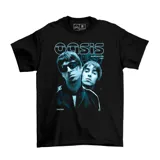 Remera negra de algodón con estampa frontal de la banda Oasis en tonos celestes.