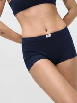 Bombacha tipo bóxer de algodón color azul marino con cintura elástica y logo de la marca en el centro.