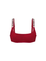Bralette de encaje rojo con escote redondo, sin forro ni varillas, con tirantes brillantes ajustables decorados con cristales y el monograma de Victoria's Secret.