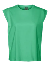 Musculosa de algodón color verde con cuello redondo y diseño de hombros marcados y amplios.