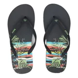 Ojotas Reef negras con estampado de palmeras y rayas horizontales de colores.