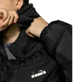 Campera puffer negra con capucha, cierre frontal y diseño acolchado con costuras horizontales. Cuenta con logo de la marca bordado en el pecho.