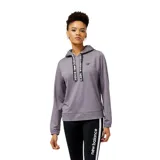 Buzo con capucha New Balance Relentless Hoodie, color lila, con logo estampado en el pecho y cordones ajustables con la inscripción "new balance".