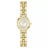 Reloj analógico Guess modelo Leena con caja redonda de acero inoxidable en tono dorado. La esfera blanca presenta un bisel interno decorado con cristales brillantes y marcadores de hora minimalistas. La correa es de acero inoxidable con un diseño de eslabones tipo brazalete.