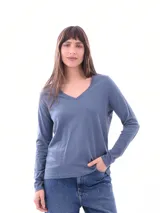 Remera de manga larga con cuello en V, confeccionada en tejido de algodón suave y ligero, con un corte clásico y versátil.