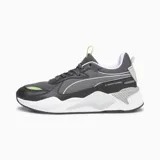 Championes Puma RS-X-3D, color gris y negro con detalles en verde lima y blanco. Capellada de mesh con superposiciones sintéticas, entresuela de PU y suela de goma.