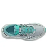 Championes Saucony Aura TR de trail running, color gris con detalles en celeste y suela blanca.