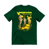 Remera verde oscura de manga corta y cuello redondo, con estampa en la espalda que incluye estatuas clásicas, limones y la inscripción "Limonada de Colección".