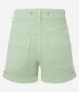 Short de sarga color celeste, de corte ajustado y cintura alta, con cierre frontal y bolsillos laterales.