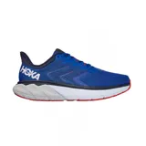 Championes Hoka Arahi 5 para hombre, color azul con detalles en rojo y blanco.