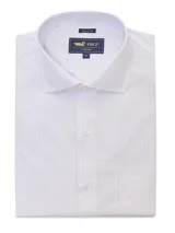 Camisa de vestir de manga larga con diseño de rayas verticales finas en tonos beige y azul claro. Presenta cuello italiano, cierre frontal con botones y un bolsillo en el pecho con el logo de la marca bordado.