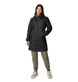 Campera larga tipo parka de Columbia, modelo Delta Ridge II, en color negro. Presenta un diseño acolchado con tecnología HeatSeal sin costuras, cierre frontal de doble sentido, capucha integrada y bolsillos laterales con cremallera. Cuenta con tecnología Omni-Heat termorreflectante y aislamiento de plumón.