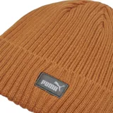 Gorro de lana color beige con logo de Puma en etiqueta rectangular gris en el frente.