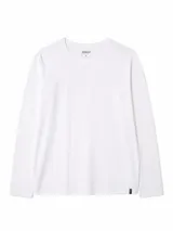 Remera de manga larga marca Brecc, color blanco, con cuello redondo y etiqueta pequeña en el ruedo.