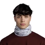 Cuello multifuncional Buff de microfibra elástica con estampado abstracto en tonos grises y blancos.