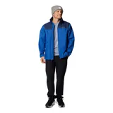 Campera impermeable Columbia Glennaker Lake Jkt con tecnología Omni-Shield, diseño bicolor en tonos azul y azul marino, con capucha plegable y cierre frontal.