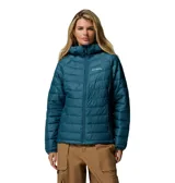 Campera acolchada Columbia modelo Powder Lite II, color azul petróleo, con capucha integrada, cierre frontal completo, bolsillos laterales con cierre y puños elásticos. Cuenta con tecnología de termorreflexión y repelencia al agua.