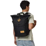 Mochila Jansport Hatchet Rolltop negra con detalles en marrón.