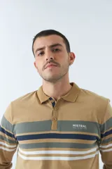 Remera tipo polo de manga larga azul marino con rayas horizontales blancas, grises y rosadas en el pecho. Tiene cuello clásico con botones y logo estampado en el pecho. Corte regular.