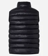 Chaleco puffer deportivo negro, ultraligero, con cuello alto y cierre frontal con cremallera. Incluye bolsita para guardarlo.