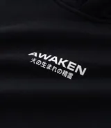 Hoodie negro de algodón con felpa interna, capucha y bolsillo canguro. Presenta diseño estampado de dragón oriental en ambas mangas y texto en el pecho.