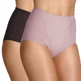Pack de dos bombachas modeladoras de tiro alto con compresión ligera. Una prenda es de color rosado liso con costuras reforzadas y la otra es de color negro con estampado de lunares pequeños.