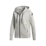 Campera deportiva Adidas con capucha, confeccionada en tejido spacer de color gris melange. Presenta cierre frontal completo, cordones ajustables en la capucha, bolsillos laterales con cierre y logo de la marca estampado en el hombro.
